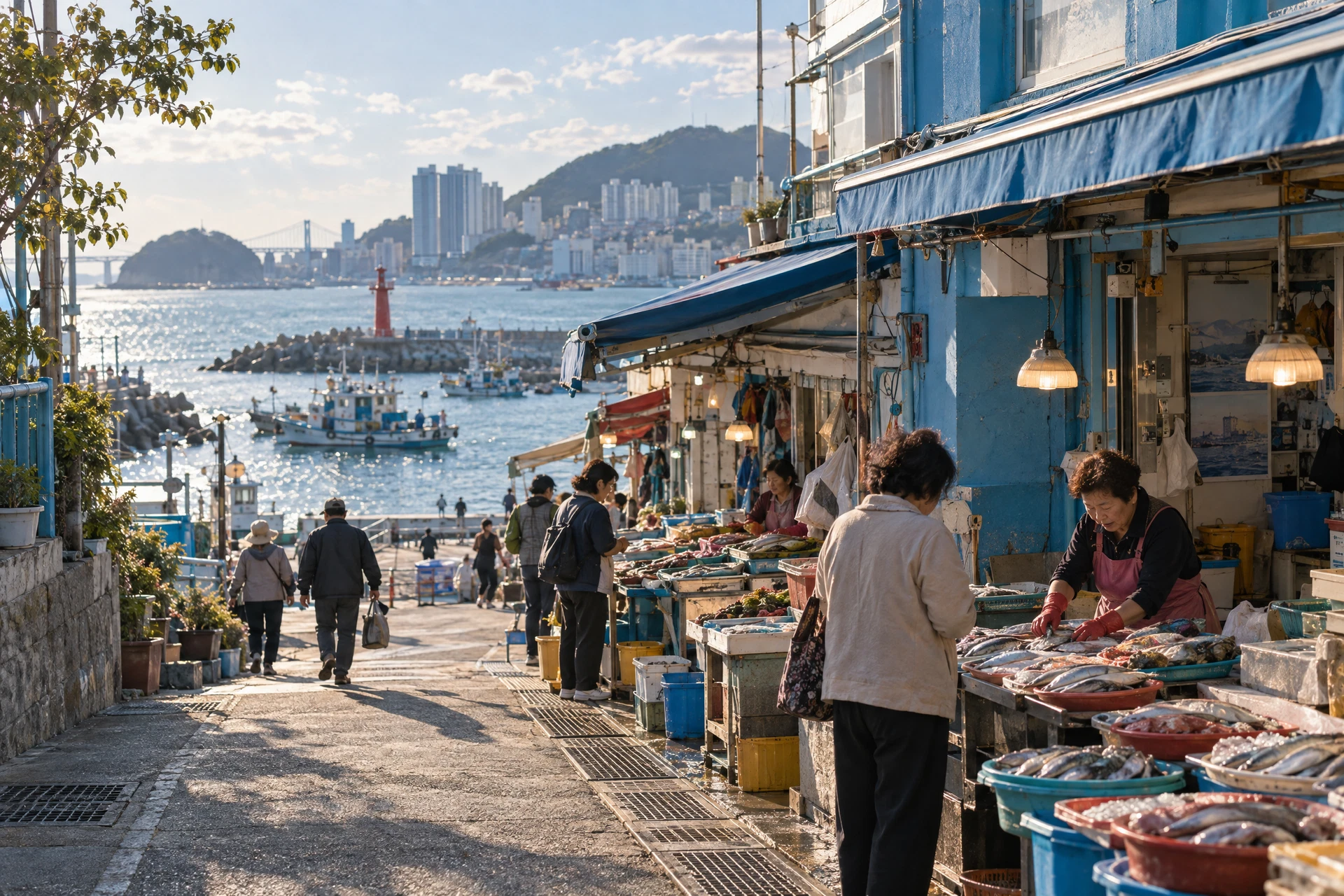 부산의 활기찬 바닷가 시장 거리